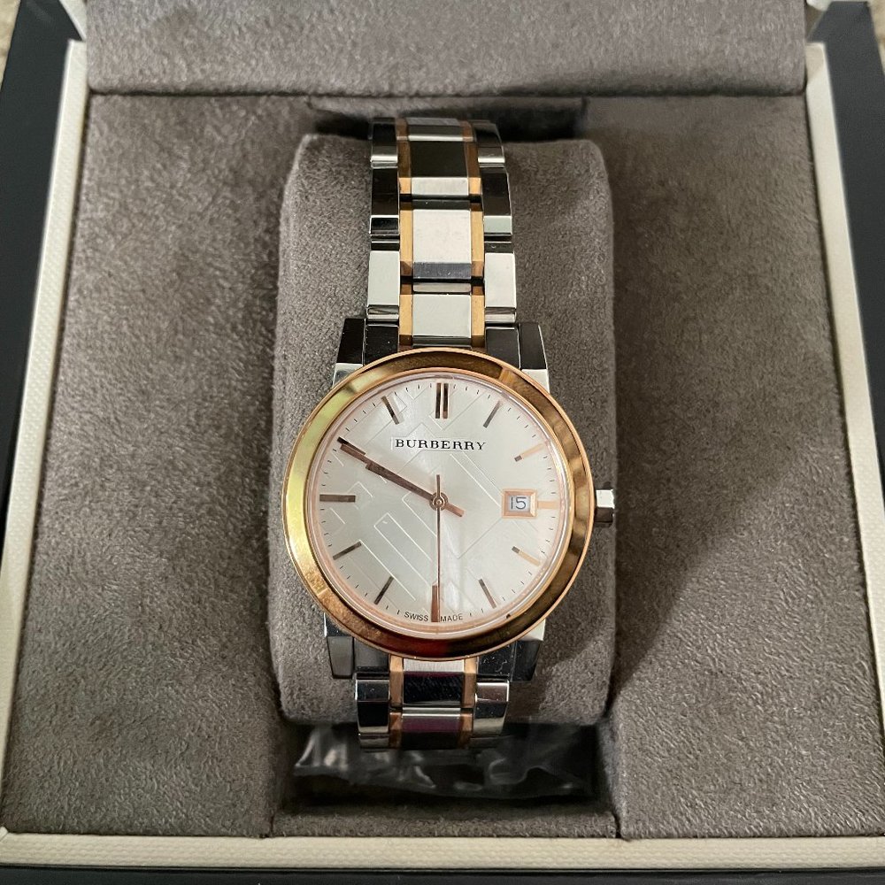 Preowned, authentic Burberry Two-Toned Silver and Rose Gold Women's Watch